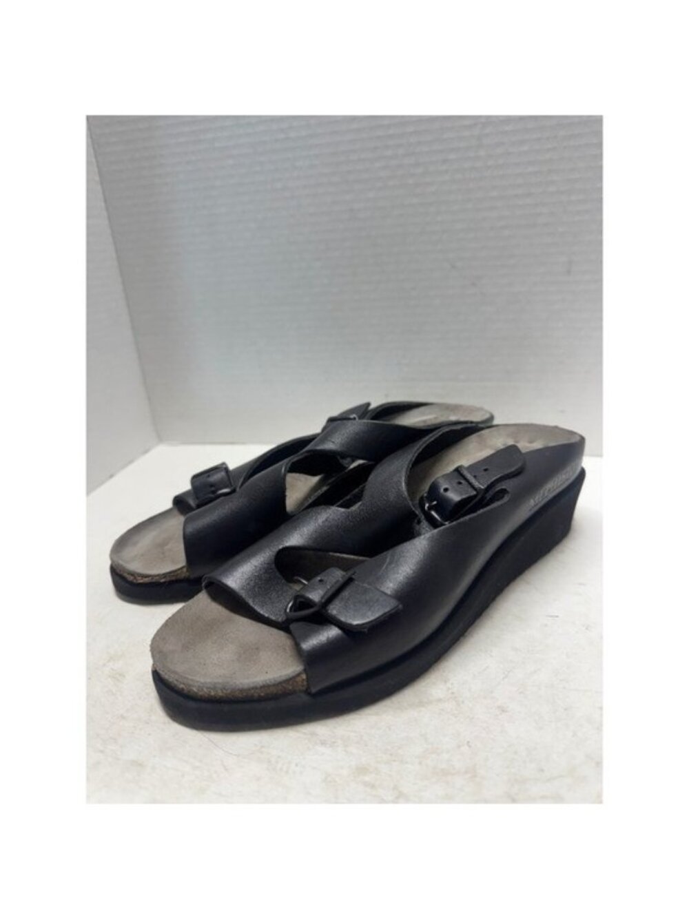 Mephisto Black Leather Double Buckle Wedge Sandals Cork Footbed Size 39 8.5